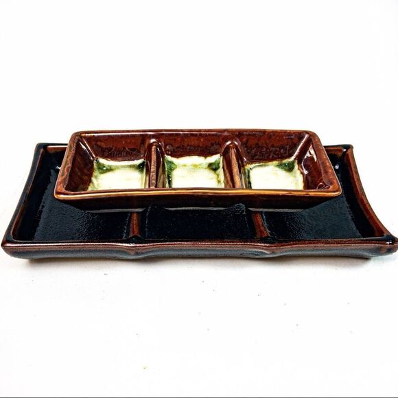 Two Ceramic 3-Saucer Soy, Ginger, Wasabi Serving Dishes - Picture 1 of 7